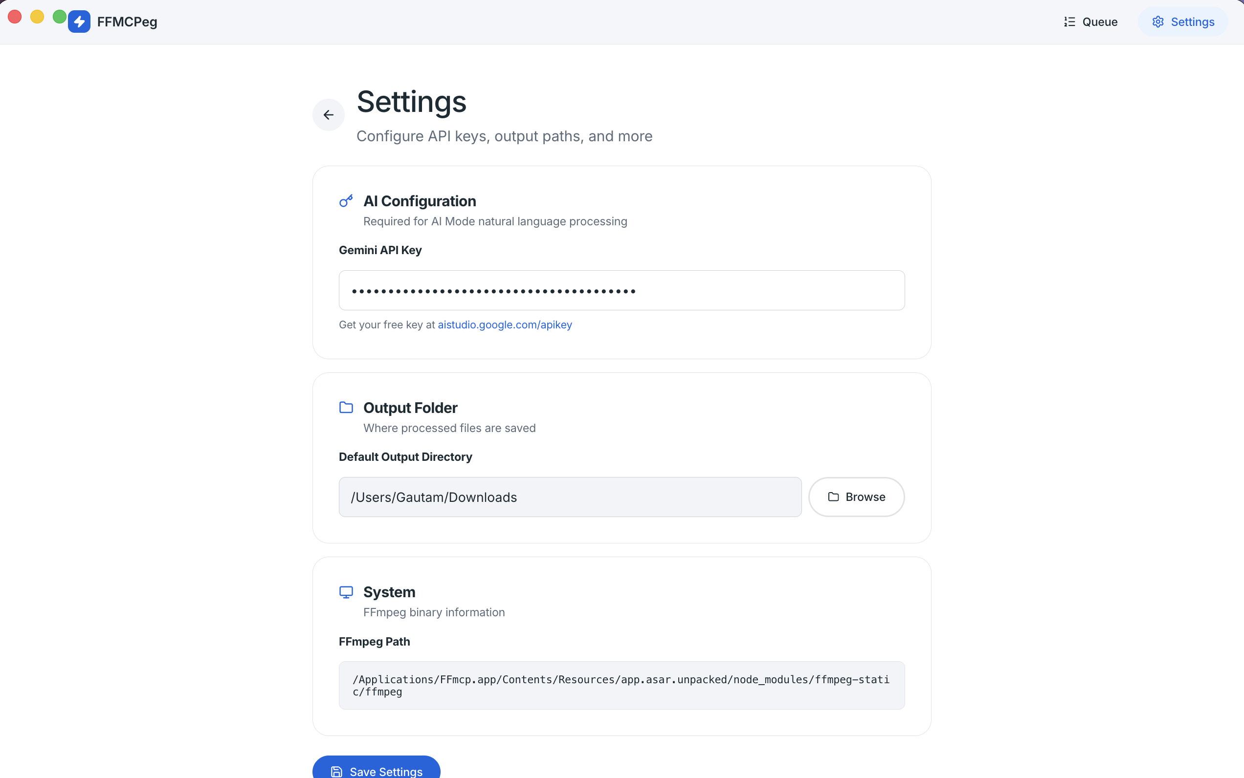 FFmcp settings panel